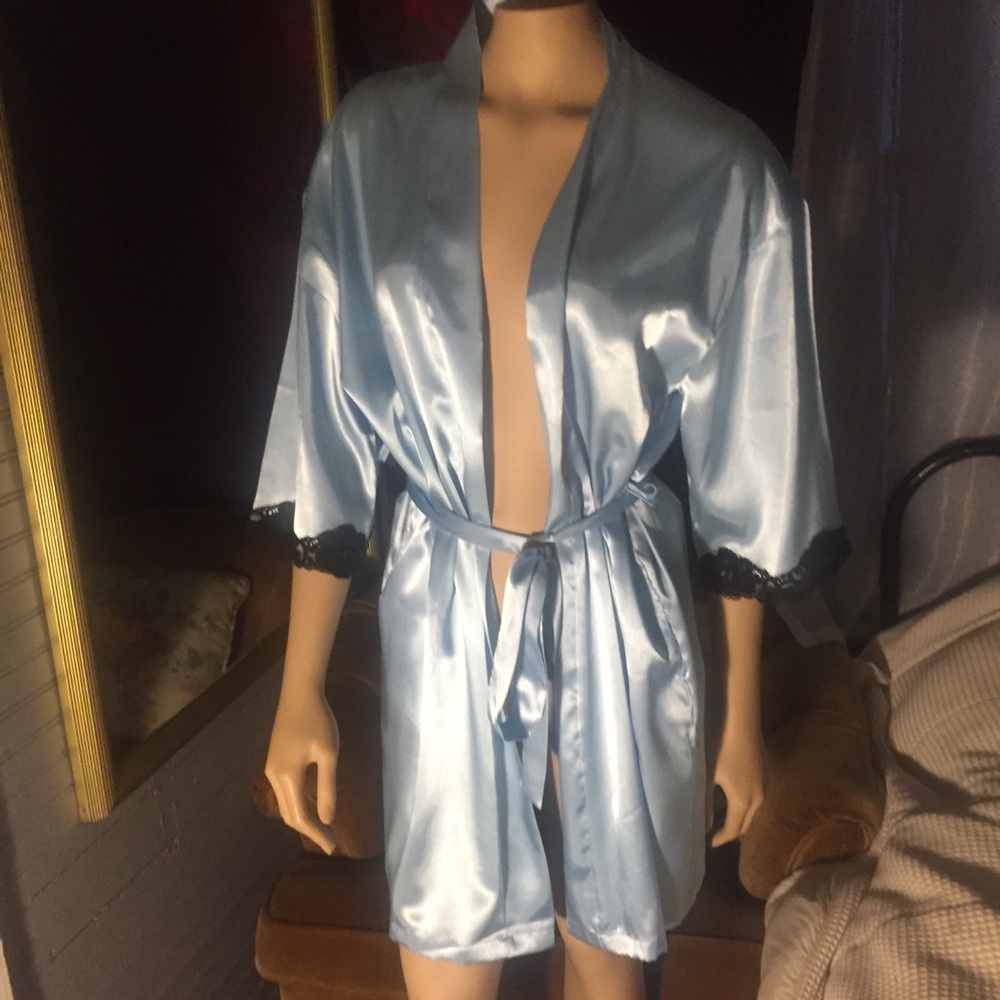 Sexy Blue Robe with Black Lace Trim